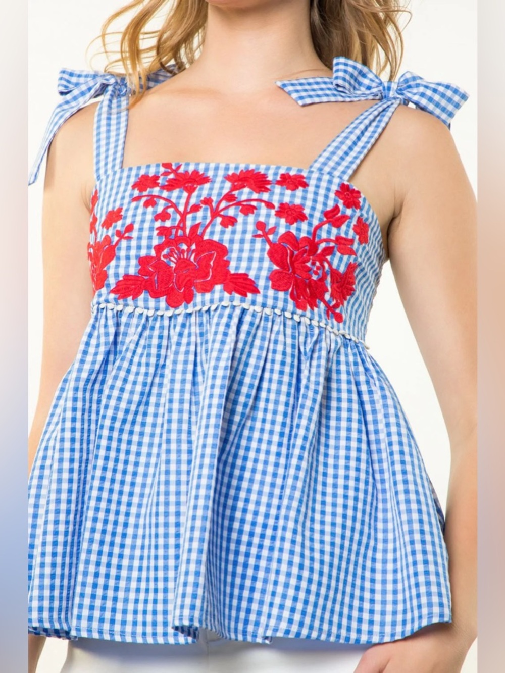 NWT THML babydoll embroidered  gingham top sz XS